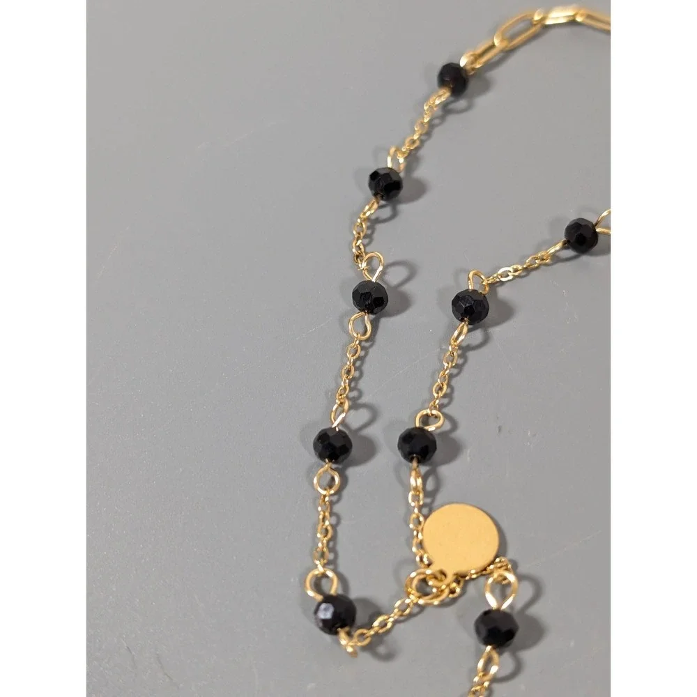 Gold Tone Black Glass Bead Y Neckalce Cross‎ Pendant Lariat Elegant 20 in